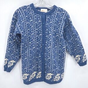 Edinburgh Cardigan Sweater Blue Pure New Wool Fair Isle Leaf Fall Winter Ski